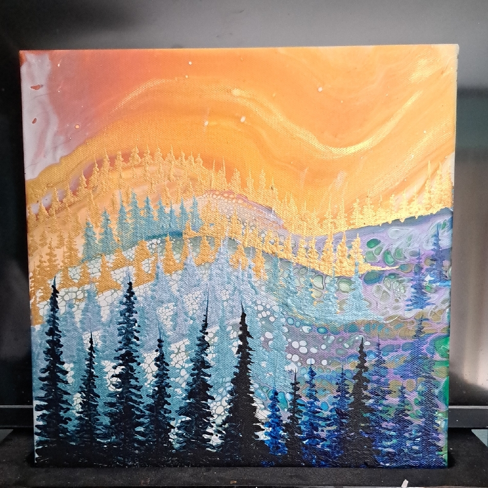 Hand Crafted Artisan Gold Orange and Blue Mountain Forest Canvas